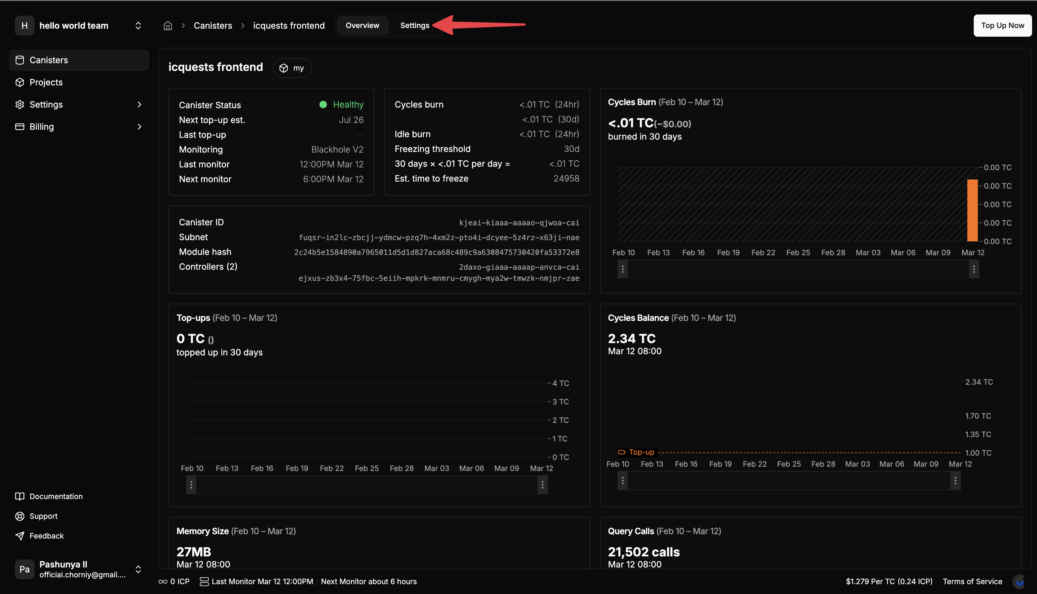 Canister Settings Tab - Screenshot should show the canister details page with the Settings tab highlighted in the navigation bar