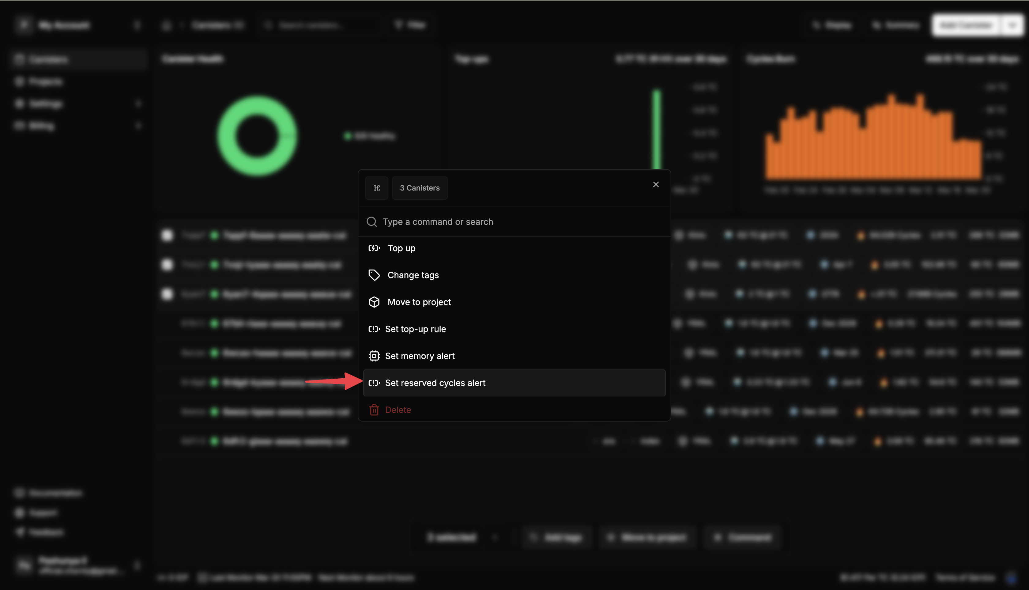 Configure Alerts - Screenshot showing the Set reserved cycles alert option in the context menu