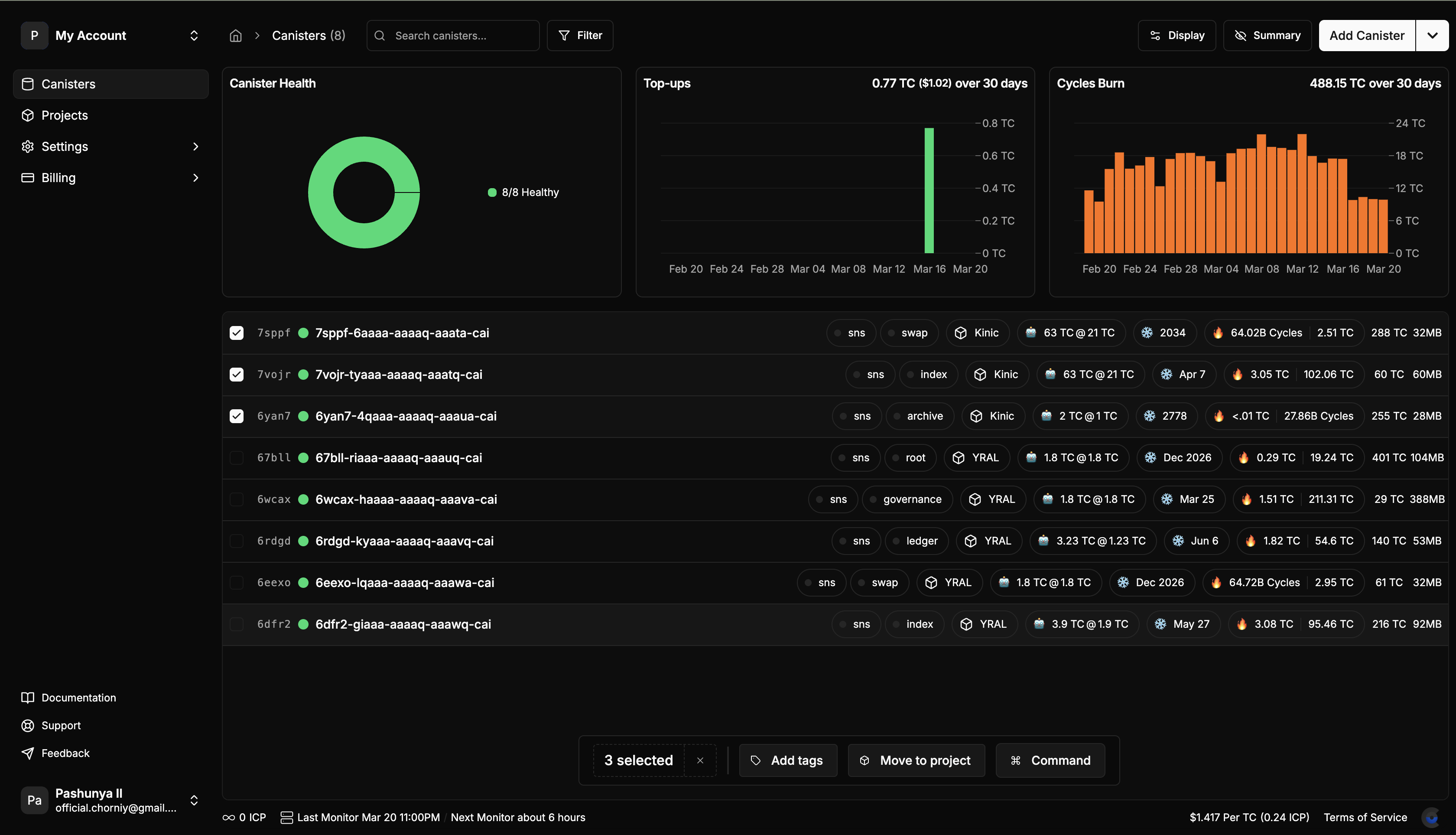 Select Canisters - Screenshot showing how to select multiple canisters using checkboxes